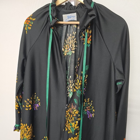 Vintage Tiffany Loungewear Black Floral Print Full Zip Robe Duster Long Sleeve - Picture 3 of 9